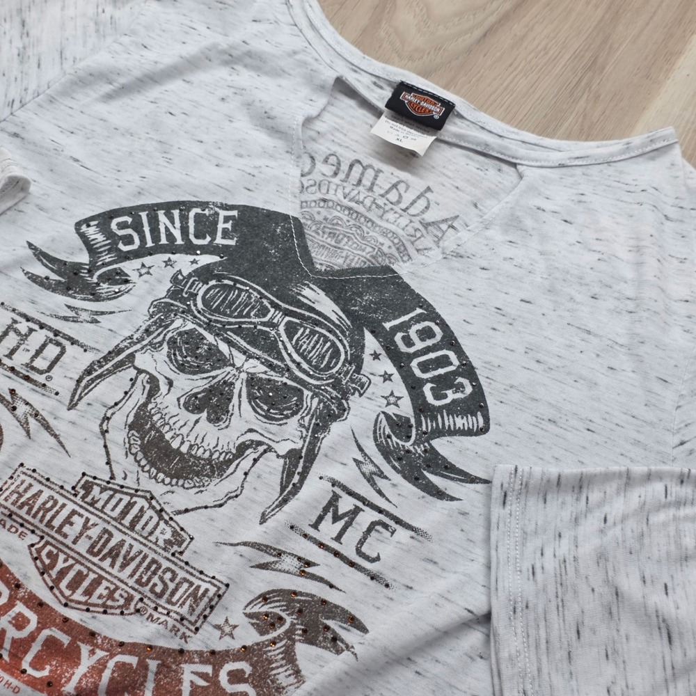 Harley Davidson Shirt Women XL Grey Space Dye Skull Rhinestone Cutout 3/4 Sleeve